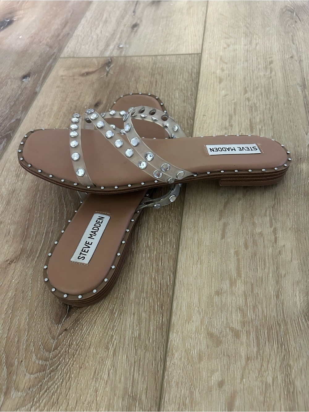 Steve Madden Tan Slide Sandals with Clear Jeweled Straps